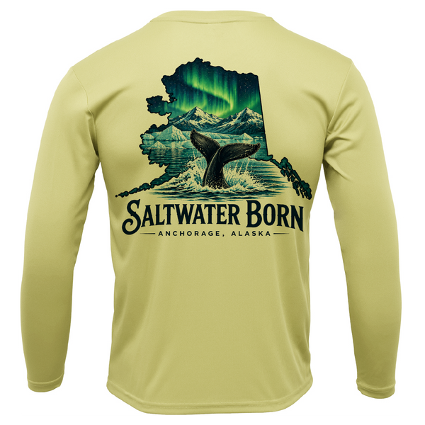 Anchorage, AK Northern Lights Whale Tail Boy's Long Sleeve UPF 50+ Dry-Fit Shirt
