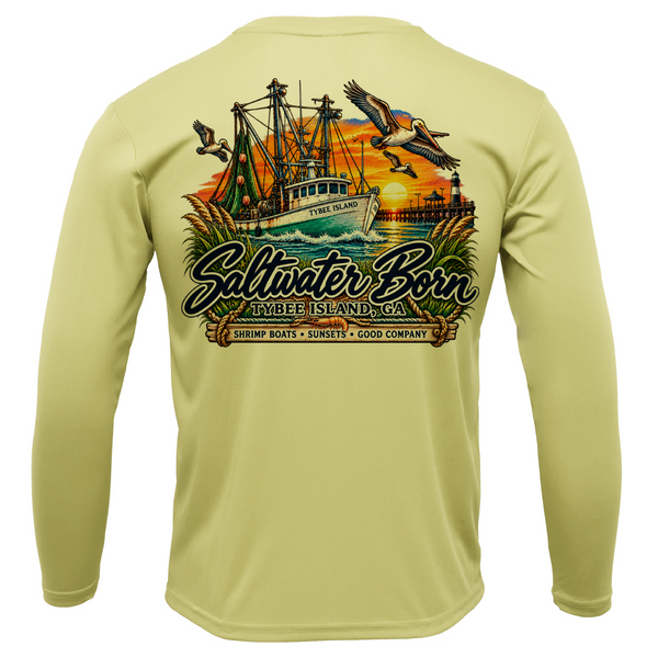 Tybee Island, GA Shrimp Boat Sunset Men's Long Sleeve UPF 50+ Dry-Fit Shirt