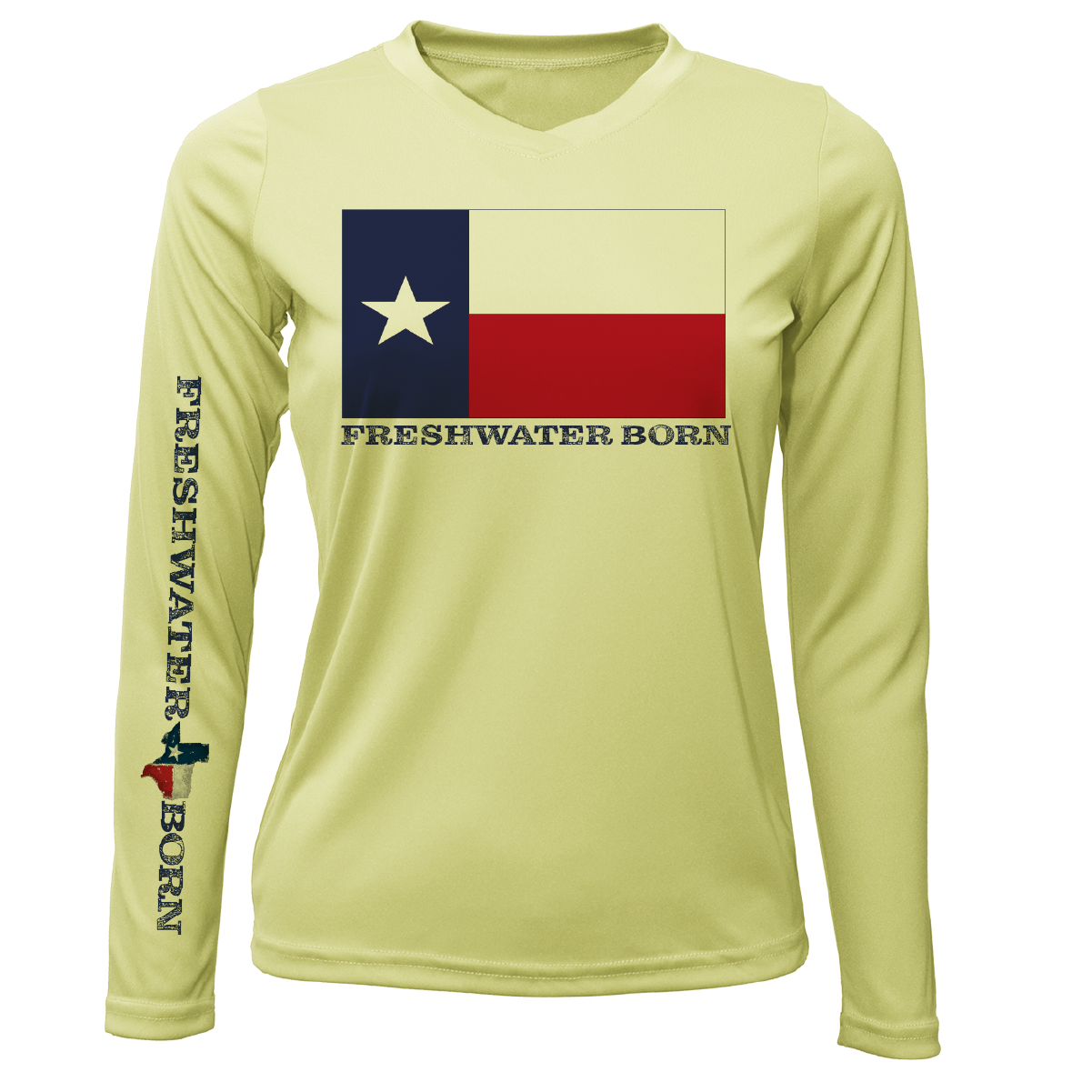 Camisa de manga larga con protección seca UPF 50+ para mujer con bandera de Texas Freshwater Born