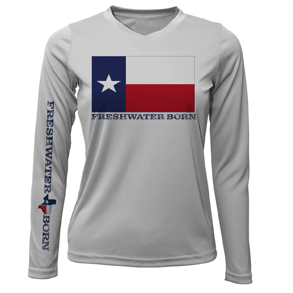 Camisa de manga larga con protección seca UPF 50+ para mujer con bandera de Texas Freshwater Born