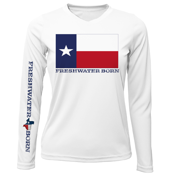 Camisa de manga larga con protección seca UPF 50+ para mujer con bandera de Texas Freshwater Born