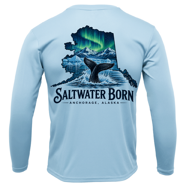 Anchorage, AK Northern Lights Whale Tail Boy's Long Sleeve UPF 50+ Dry-Fit Shirt