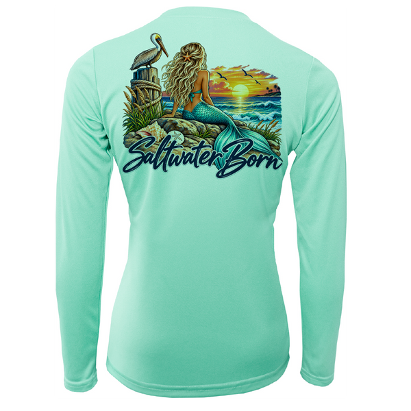 Saltwater Born Mermaid's Coastal Sunset Women's Long Sleeve UPF 50+ Dry-Fit Shirt