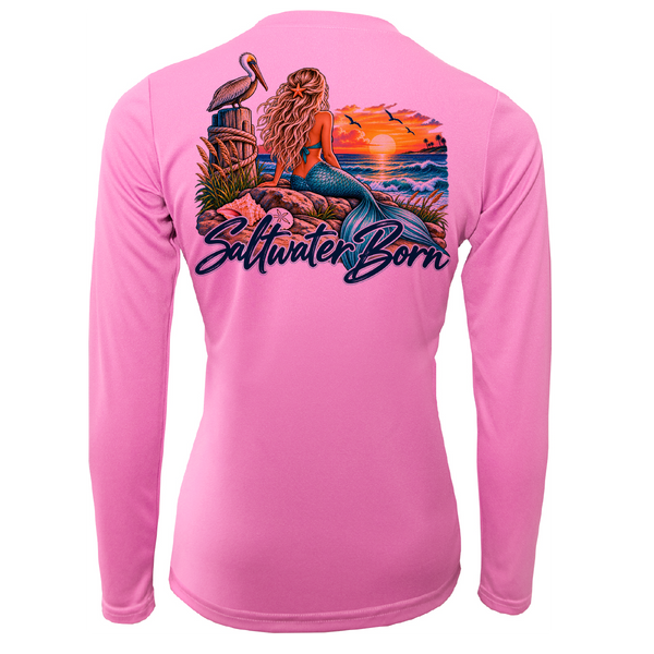 Saltwater Born Mermaid's Coastal Sunset Women's Long Sleeve UPF 50+ Dry-Fit Shirt