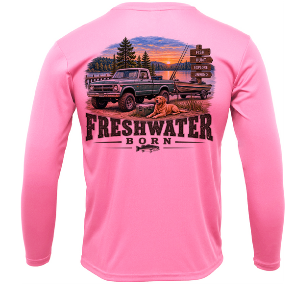 Freshwater Born- Fish, Hunt, Explore, Unwind Boy's UPF 50+ Dry-Fit Shirt