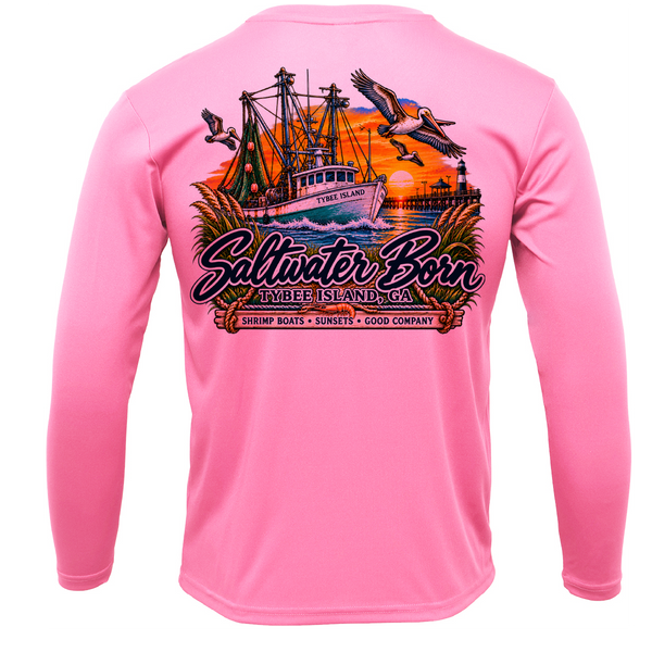 Tybee Island, GA Shrimp Boat Sunset Men's Long Sleeve UPF 50+ Dry-Fit Shirt