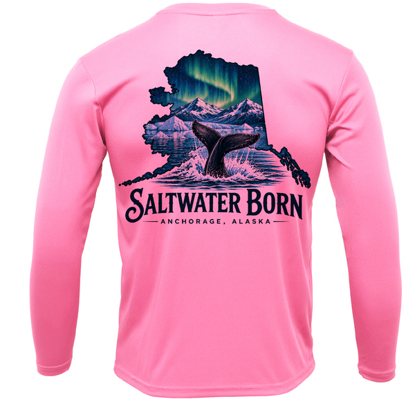 Anchorage, AK Northern Lights Whale Tail Boy's Long Sleeve UPF 50+ Dry-Fit Shirt