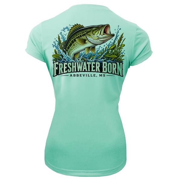 Freshwater Born Abbeville, MS Largemouth Bass Women's Short Sleeve UPF 50+ Dry-Fit Shirt
