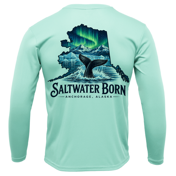 Anchorage, AK Northern Lights Whale Tail Boy's Long Sleeve UPF 50+ Dry-Fit Shirt