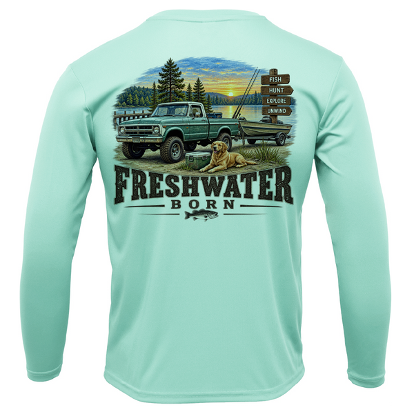 Freshwater Born- Fish, Hunt, Explore, Unwind Boy's UPF 50+ Dry-Fit Shirt