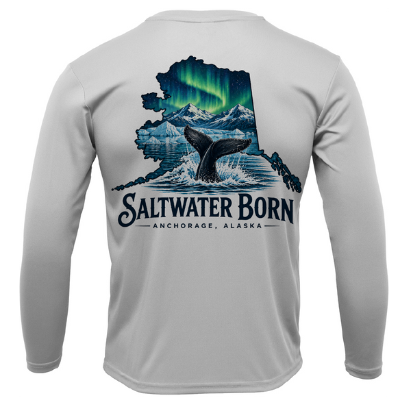 Anchorage, AK Northern Lights Whale Tail Boy's Long Sleeve UPF 50+ Dry-Fit Shirt