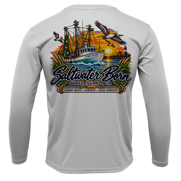 Tybee Island, GA Shrimp Boat Sunset Men's Long Sleeve UPF 50+ Dry-Fit Shirt