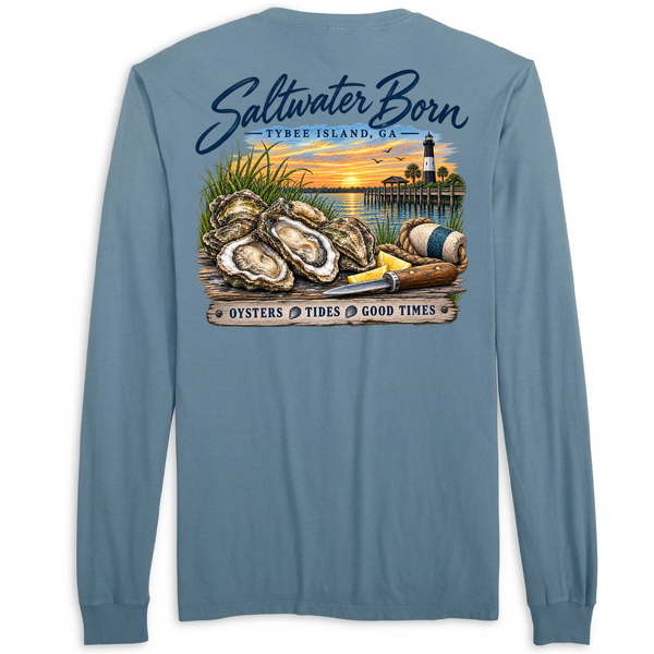 Tybee Island, GA Oysters, Tides, Good Times Men's Cotton Long Sleeve Shirt