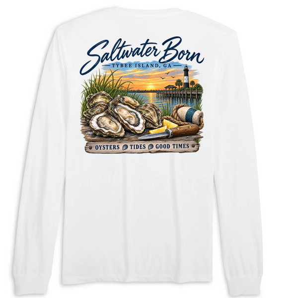 Tybee Island, GA Oysters, Tides, Good Times Men's Cotton Long Sleeve Shirt