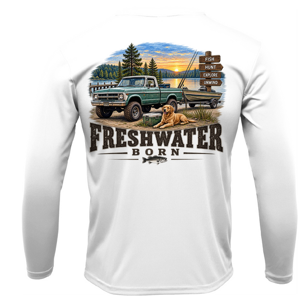 Freshwater Born- Fish, Hunt, Explore, Unwind Boy's UPF 50+ Dry-Fit Shirt