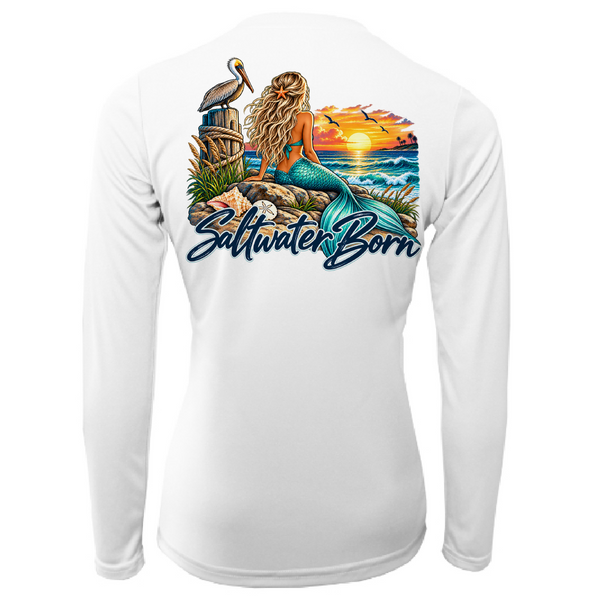 Saltwater Born Mermaid's Coastal Sunset Women's Long Sleeve UPF 50+ Dry-Fit Shirt