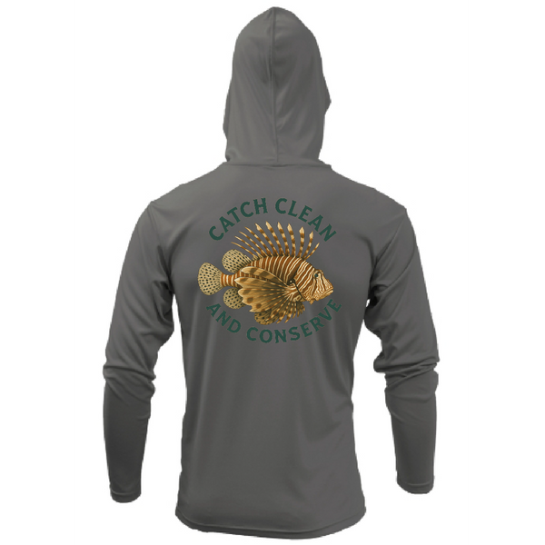 Key West, FL "Catch Clean Conserve" Lionfish Men's Long Sleeve UPF 50+ Dry-Fit Hoodie