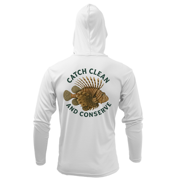 Key West, FL "Catch Clean Conserve" Lionfish Men's Long Sleeve UPF 50+ Dry-Fit Hoodie