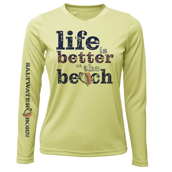 "Life Is Better At The Beach" Conch Women's Long Sleeve UPF 50+ Dry-Fit Shirt (No Back)