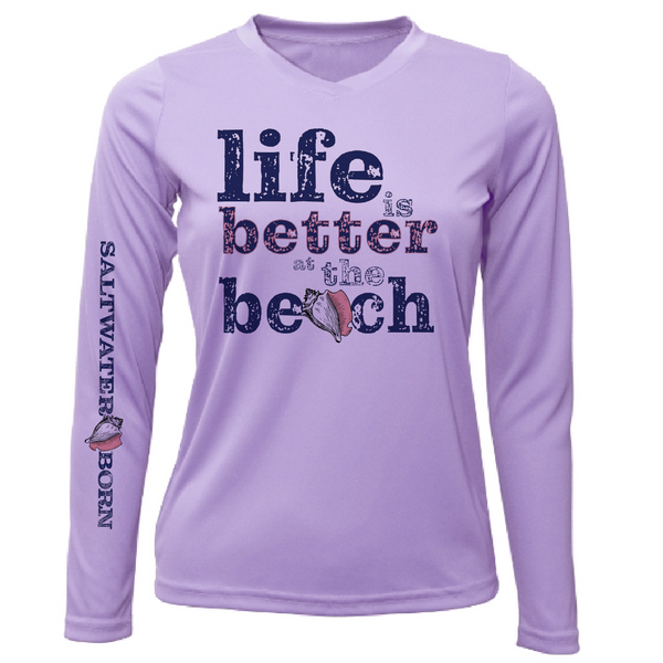 "Life Is Better At The Beach" Conch Women's Long Sleeve UPF 50+ Dry-Fit Shirt (No Back)