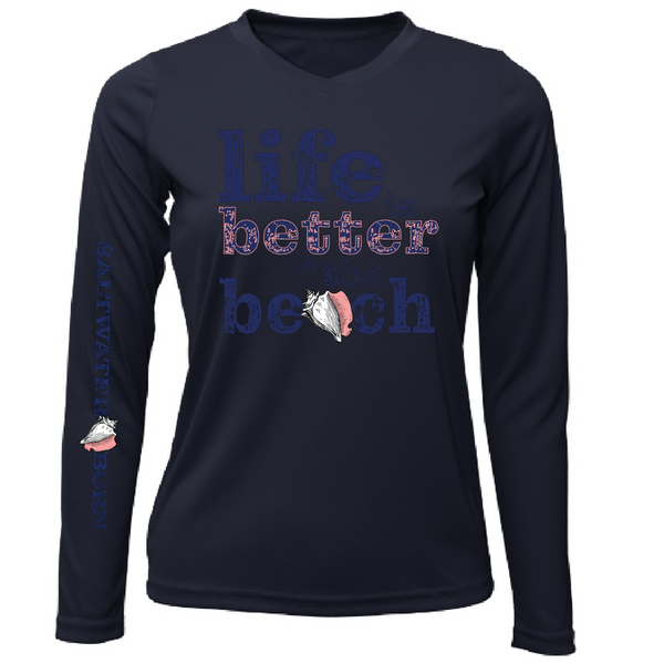"Life Is Better At The Beach" Conch Women's Long Sleeve UPF 50+ Dry-Fit Shirt (No Back)