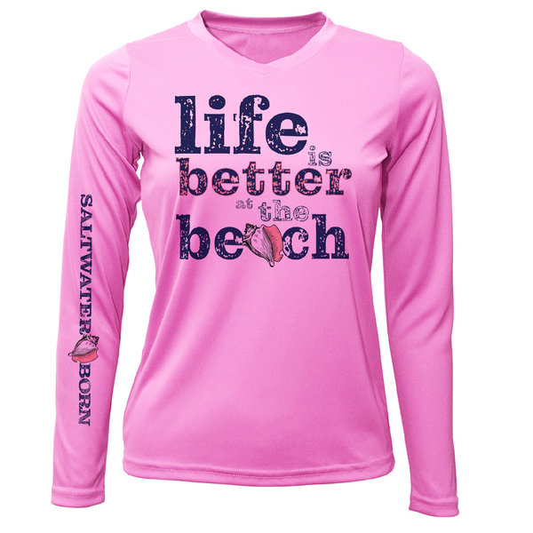 "Life Is Better At The Beach" Conch Women's Long Sleeve UPF 50+ Dry-Fit Shirt (No Back)