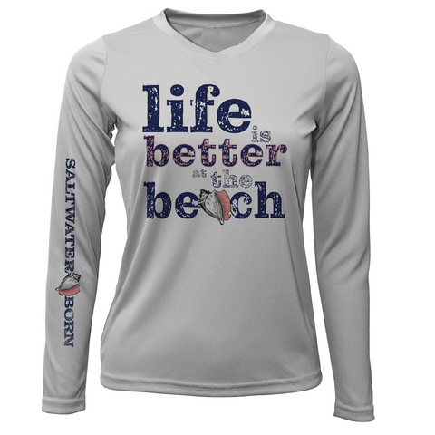 "Life Is Better At The Beach" Conch Women's Long Sleeve UPF 50+ Dry-Fit Shirt (No Back)
