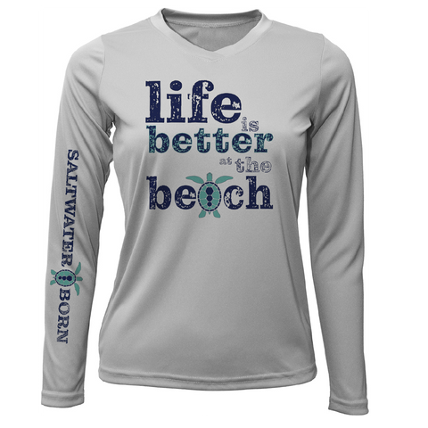 "Life Is Better At The Beach" Turtle Women's Long Sleeve UPF 50+ Dry-Fit Shirt (No Back)