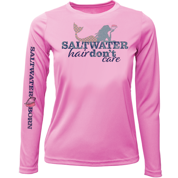 "Saltwater Hair...Don't Care" Camisa de manga larga para niñas UPF 50+ Dry-Fit